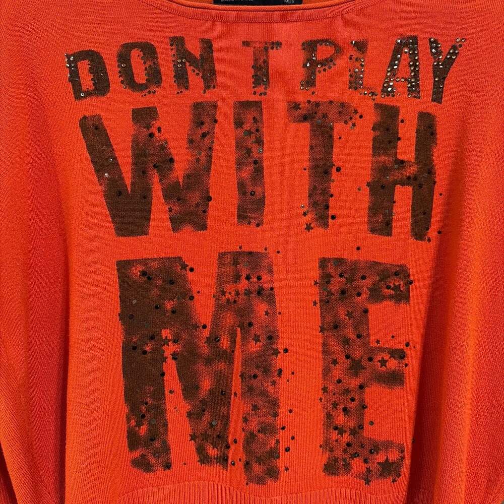 Zara Women Orange Cropped Knit Sweater with 'Don’t Play With Me’ Sequin Graphic - Picture 4 of 5